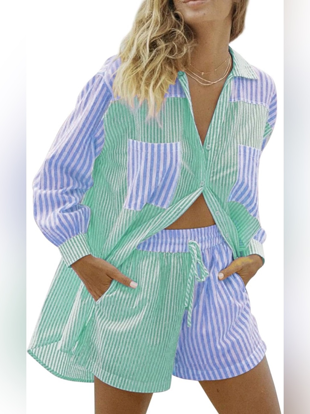 Amazon Two-Tone Green and Blue Striped Matching Set